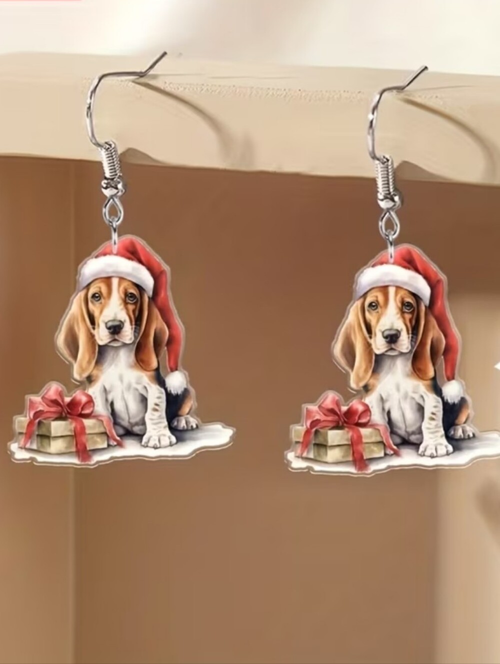Hand Crafted Holiday Beagle Puppy Dangle Earrings - Red Santa Hat
